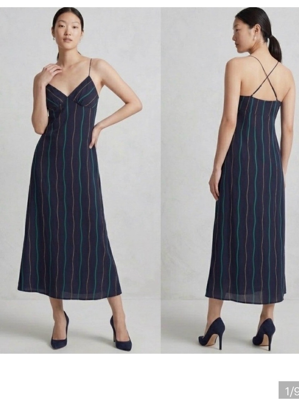 Madewell Navy Maxi Slip Dress with Teal and Cream Stripes